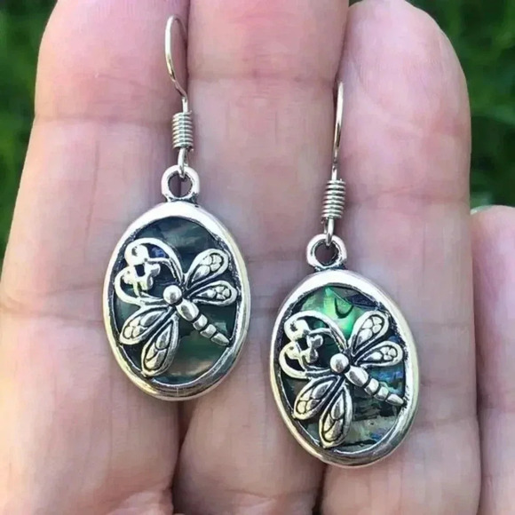 Dragonfly Earrings Real Abalone Tibetan Silver Drop Earrings NWT - Picture 1 of 2